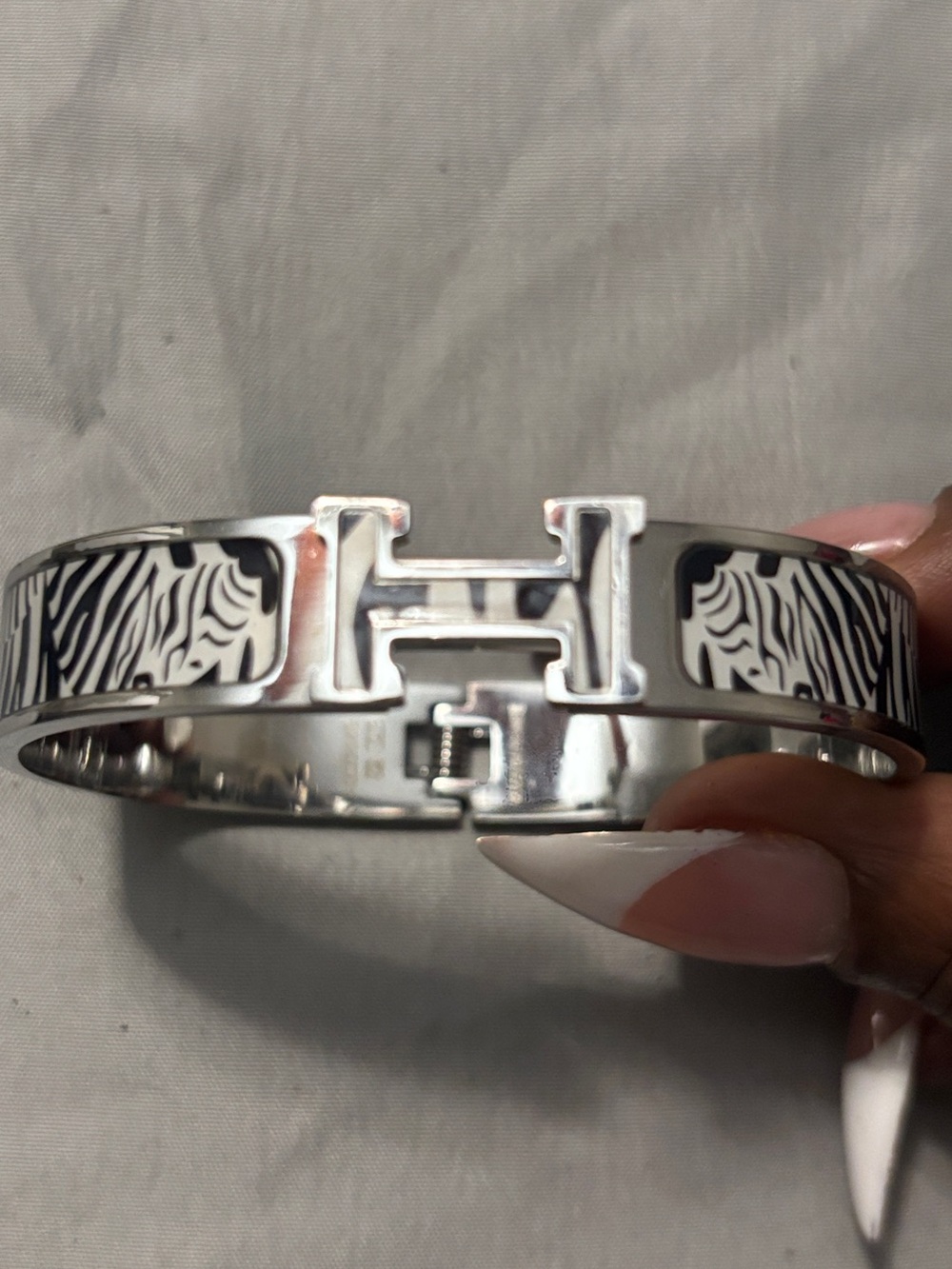 Hermes Silver Zebra-Print H Clic Bangle Bracelet